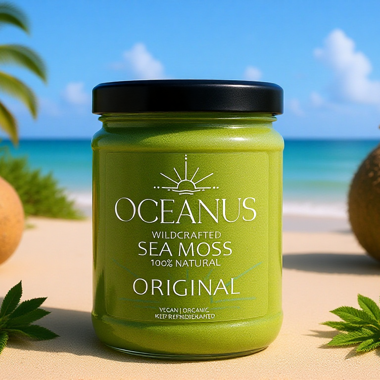 Organic sea moss jar in tropical paradise setting with palm trees