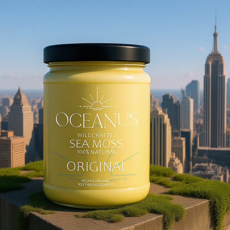 Sea moss supplement jar against city skyline background