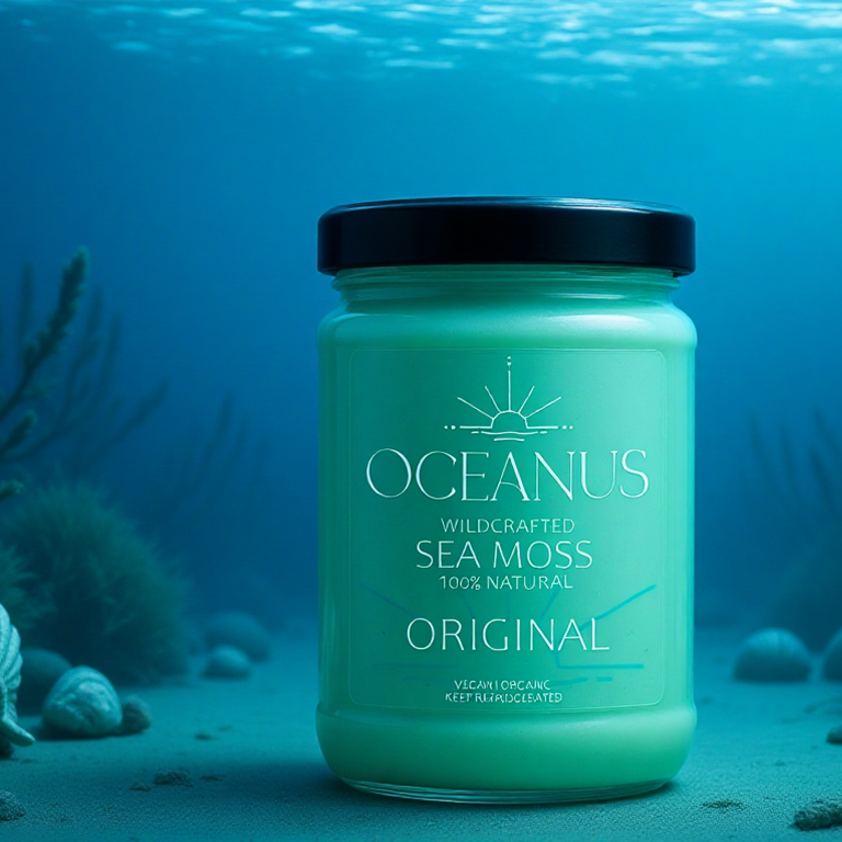 Sea moss supplement jar submerged underwater showing ocean origins